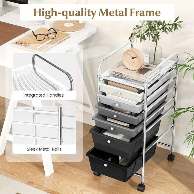 DREAMADE Rolling Cart with Storage Drawers, Utility Cart with Removable Plastic Drawers, Lockable Wheels, Art Cart for Classroom Organization Art Supplies Office Scrapbook (6 Drawers, Mixed-black)