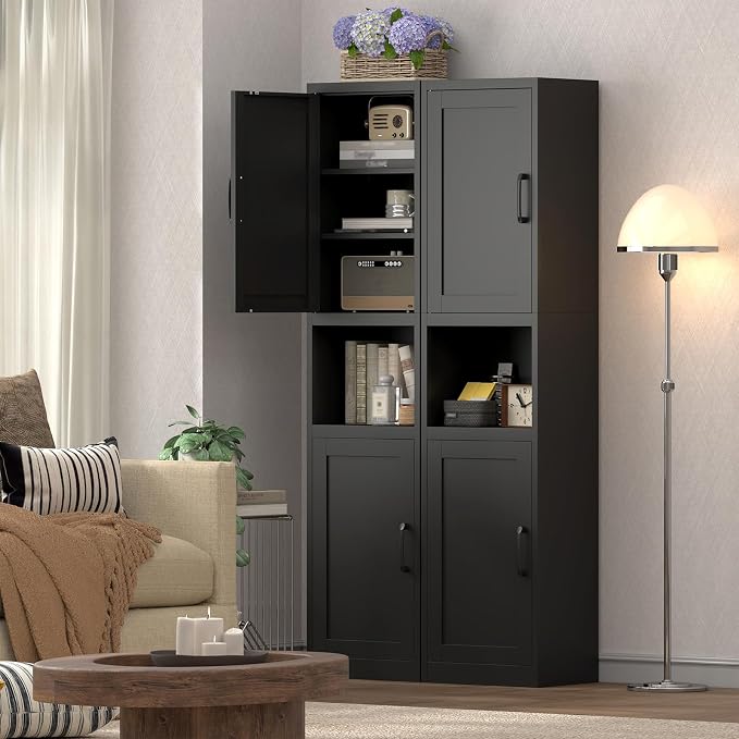 Bathroom Storage Cabinet, 67" H Tall Bathroom Storage with Shelves and Doors, Narrow Bathroom Storage Cabinet for Home, Metal Slim Storage Cabinet, Black