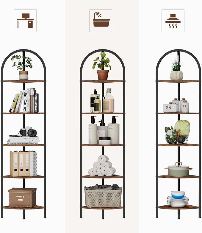 Homhedy 5-Tier Arched Corner Shelf Stand, Wall Corner Bookshelf | Metal Frame, Plant Stand, Industrial Storage Rack Shelf for Living Room, Bedroom, Office, Bathroom, Rustic Brown