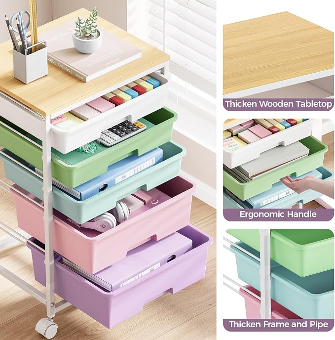 SYKIARIOL 5-Tier Rolling Utility Storage Drawer Craft Cart on Wheels with Wooden Tabletop, Mobile Craft Storage Drawer Cart Trolley for Home Office, Classroom, Craft Room & Kid Room, Ice Cream