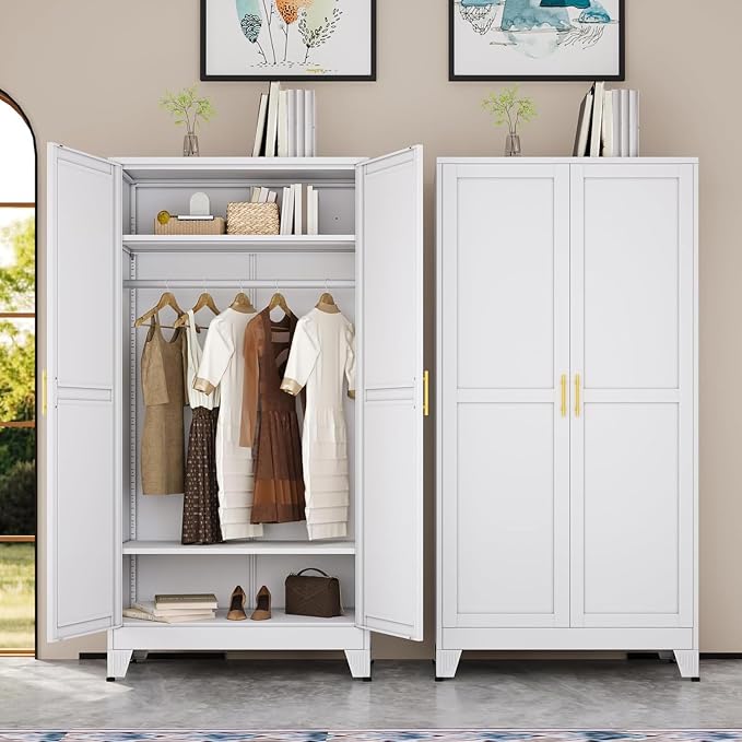erosoei 71 "Metal Armoire Wardrobe Closet, Steel Clothing Storage Cabinet with Adjustable Shelves and Hanging Rod, Household Steel Wardrobe Storage Cabinet with Adjustable Standing feet (White)