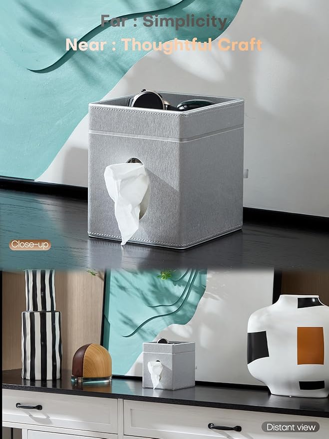 Tissue Box Holder Cover, Modern PU Leather Square Decorative Tissue Holder Organizer-Woven New Off White