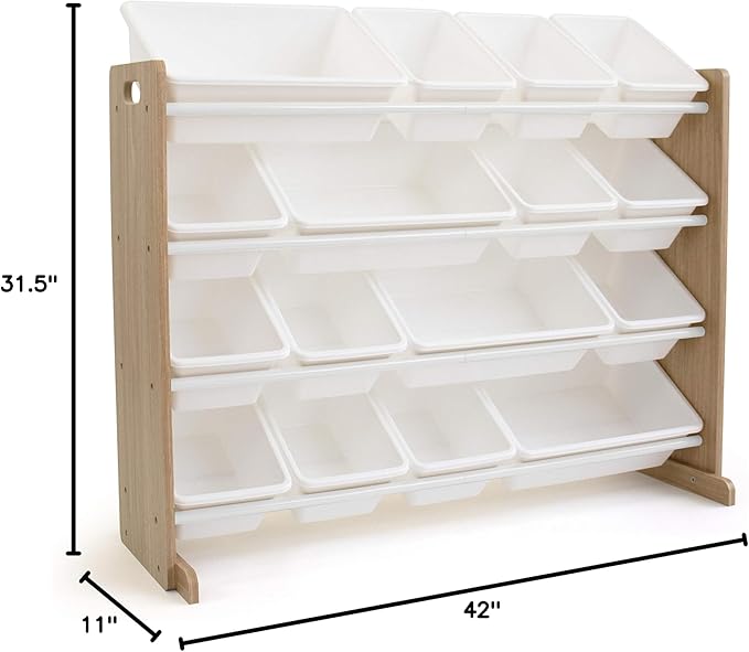 Humble Crew Toy Storage Organizer with 16 Removable Storage Bins for Kids Playroom, 4-Tier Toddler Toy Organization and Storage, Natural Wood/White