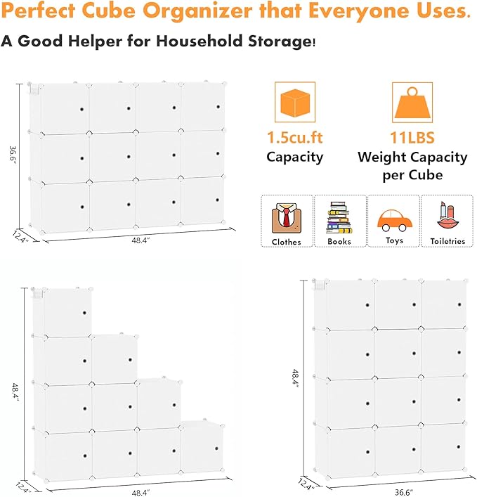 C&AHOME Cube Storage Organizer with Doors, 12-Cube Shelves, Closet Cabinet, DIY Plastic Modular Bookshelf Ideal for Bedroom, Living Room, 36.6”L x 12.4”W x 48.4”H Milky USHS3012M-DOOR