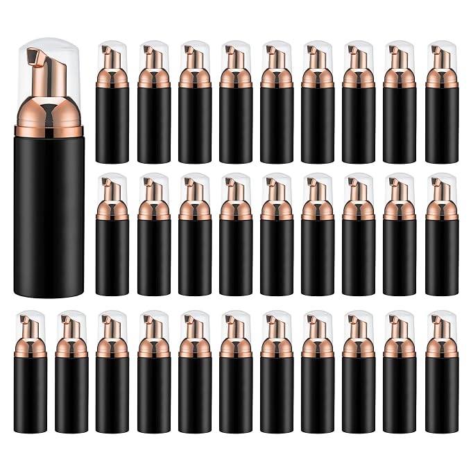 Travel Foam Pump Bottle - 2oz Small Size Foaming Hand Soap Dispenser - Mini Portable Mousse Lash Shampoo Kit Container for Hair - Empty Leak Proof Plastic Rose Gold &Black Foamer 30Pack