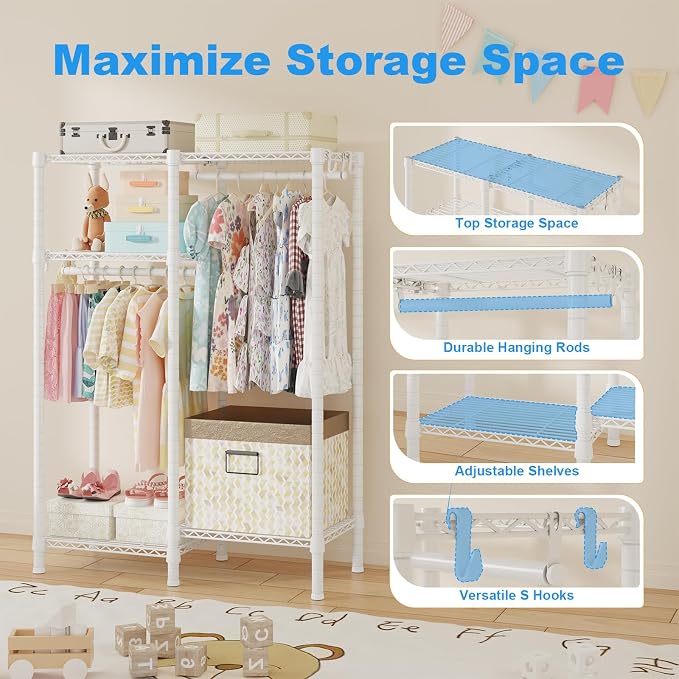Ulif F1 Garment Rack for Kids, Baby, Students, and Children's Room, 4 Tiers Freestanding and Portable Heavy Duty Closets, Small Metal Clothes Rack with 2 Hanging Rod, 31.2" W x 11.8" D x 48" H, White