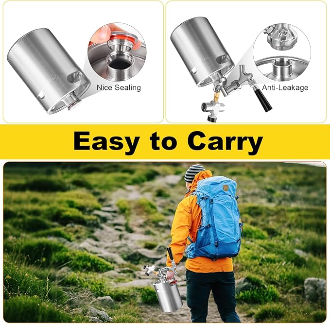 64OZ Mini Keg Growler Tap System, Pressurized Stainless Steel Beer Keg, Beer Dispenser System with CO2 Regulator & Self-Closing Faucet, Portable Beer Growler to Keep Fresh for Homebrew