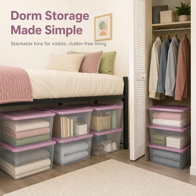 66 Quart Clear Plastic Storage Container with Latch Lid, Purple, 6 Pack | Clear Base & Lid, Secure Purple Latches, Recessed Stacking, 66Qt Capacity, BPA-Free Plastic
