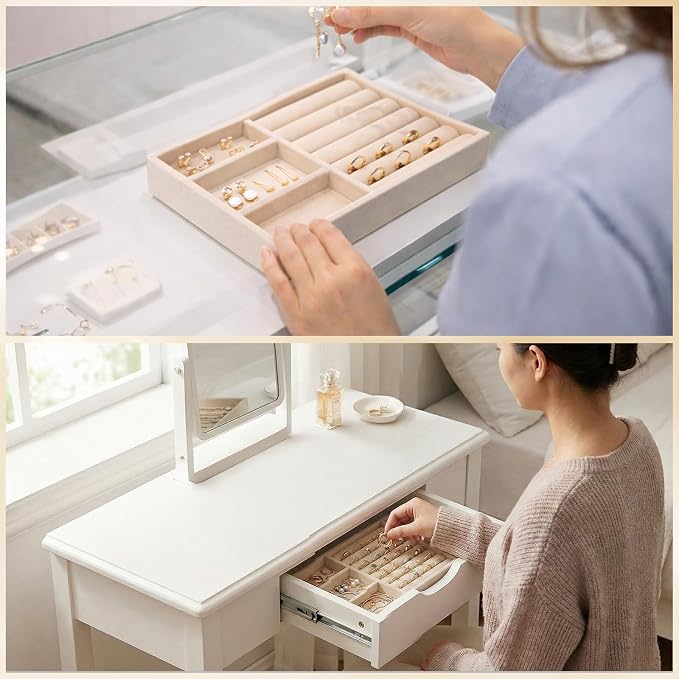 Jewelry Box Insert Organizer for Drawer, Stackable Trays Velvet Jewelry Drawer Inserts, Ring Earring Stud Necklace Holder Display Storage Case(Beige, 8.3 x 4.9in)