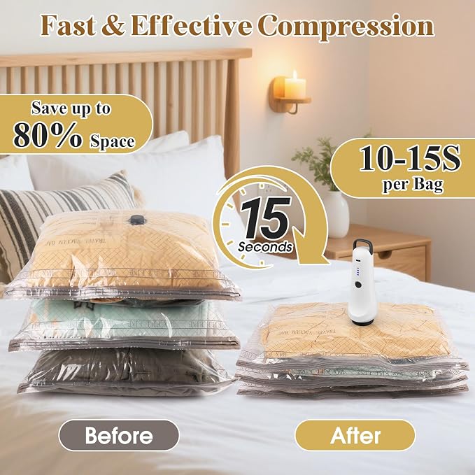 Vacuum Bags for Travel with Cordless Pump, Reusable Vacuum Seal Bags for Clothing Travel, 4500Pa Suction, Space Saver Bags for Home Carry-on Luggage Suitcase, Travel Essentials, 15 Pack
