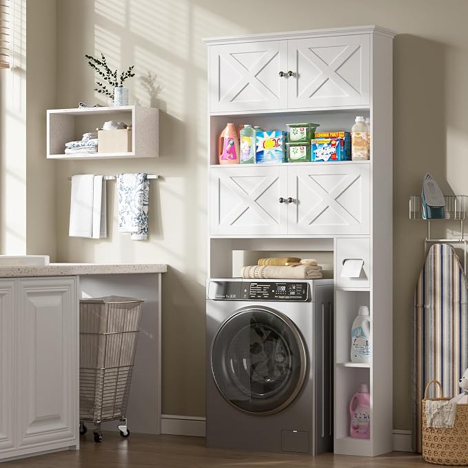 Halitaa Over The Toilet Storage Cabinet with Doors & Paper Holder, White | Halitaa Farmhouse Toilet Shelf Home Space Saver with 4 Barn Doors & Toilet Paper Holder Stand for Restroom, Bathroom, Laundry