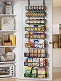 Delamu Adjustable Over the Door Pantry Organizer, 9-Tier Metal Pantry Organization and Storage for Kitchen, Hanging Spice Rack Seasoning Shelves, Cabinet Door Organizer for Easy Install, 16" Black