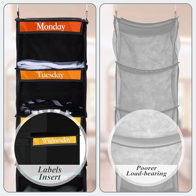 Amylove 2 Pack 6 Shelf Weekly Clothes Organizer for Kids with Side Pocket, 47 Inch Days of the Week Clothes Organizer, Monday to Friday Daily School Outfits Clothing Divider for Kids(Black)