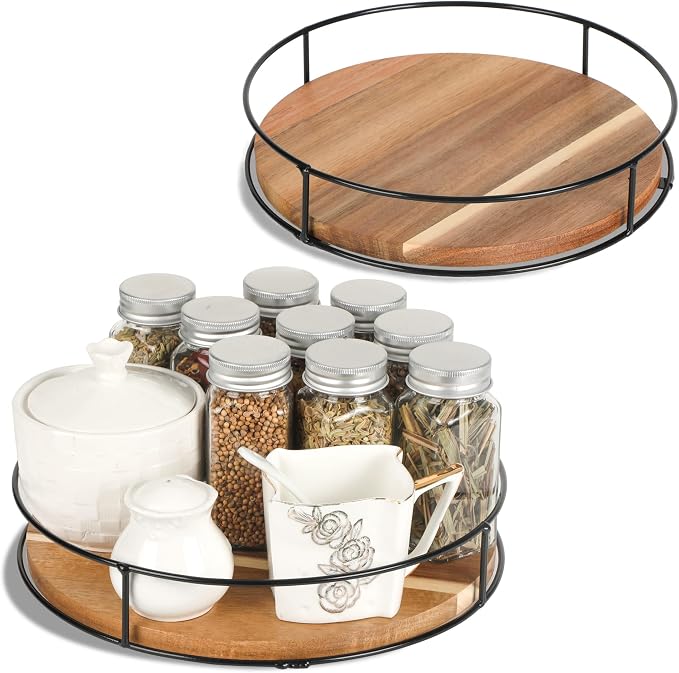 [ 2 Pack ] 11" & 12" Acacia Wood Lazy Susan Organizers with Steel Sides
