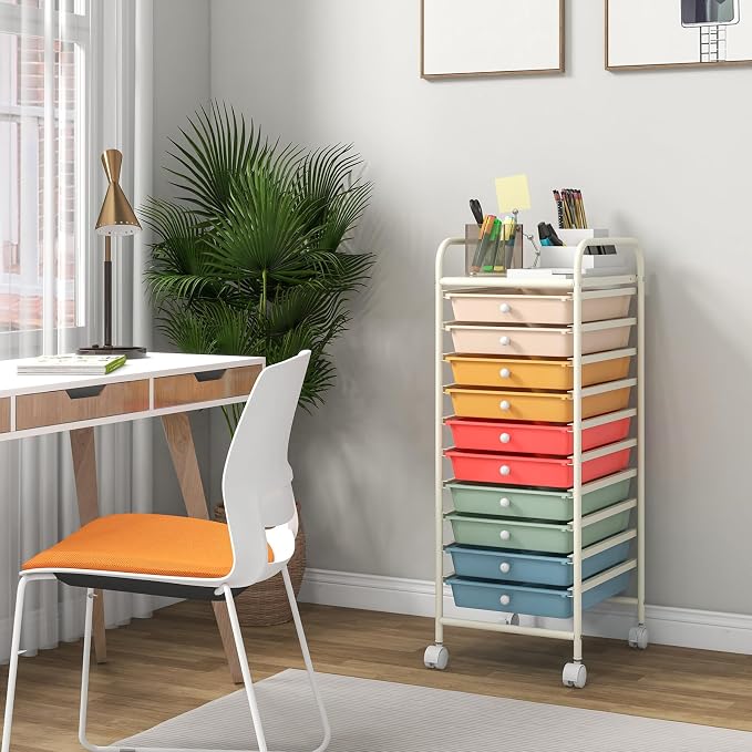 DREAMADE Rolling Cart With Storage Drawers, Utility Cart With Removable Plastic Drawers, Lockable Wheels for Classroom Organization, Art Supplies, Office, Scrapbook (10 Drawers, Macaron)