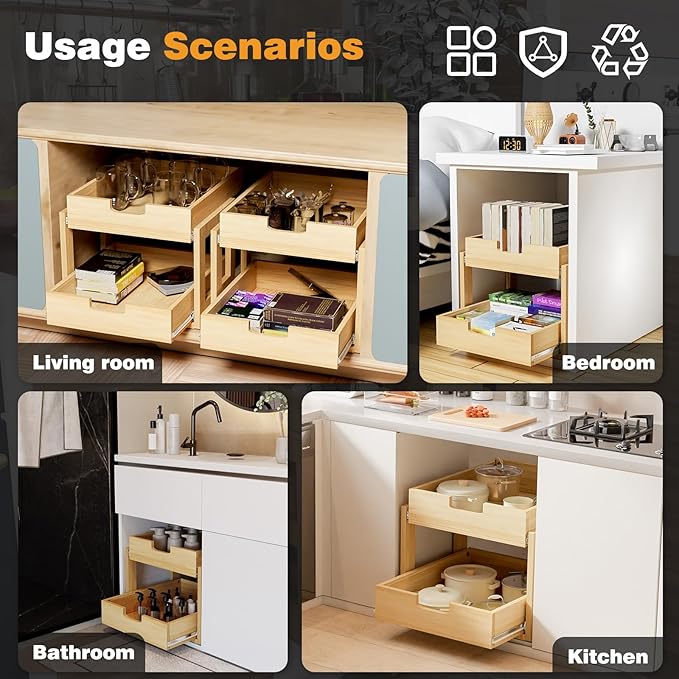Pull Out Cabinet Organizer, 26''W×21''D Sliding Drawers for Cabinets, 2 Tier Soft Close Slide Out Wooden Pull out Drawers, Base Cabinet Organization for Kitchen, Pantry, Bathroom