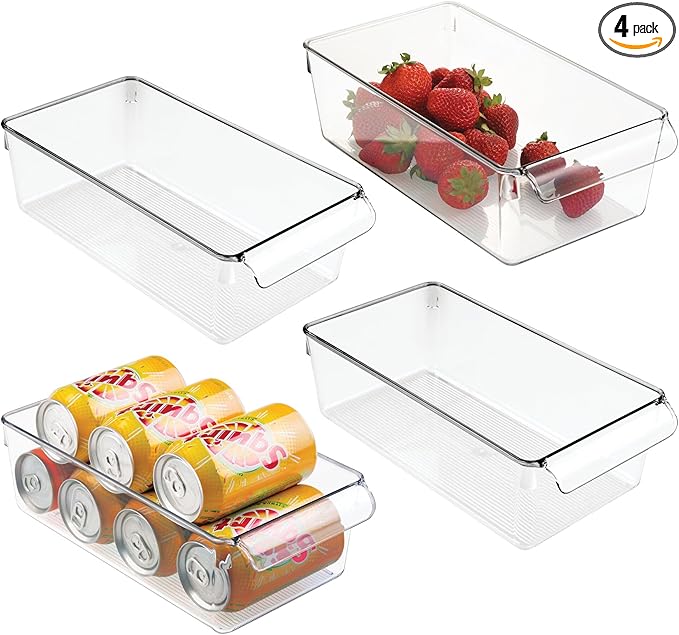 iDesign Fridge Storage Bin with Handle, Set of 4, Clear | Fridge Tray for Meats and Cheeses