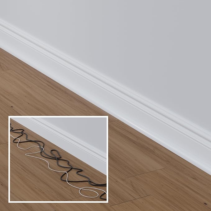 D-Line 15.7" White Quarter Round Cable Raceway, Corner Cord Cover, Self-Adhesive Floor Molding with Wire Channel, Baseboard Cable Hider - 0.87" (W) x 0.87" (H) x 15.7-inch Length - White