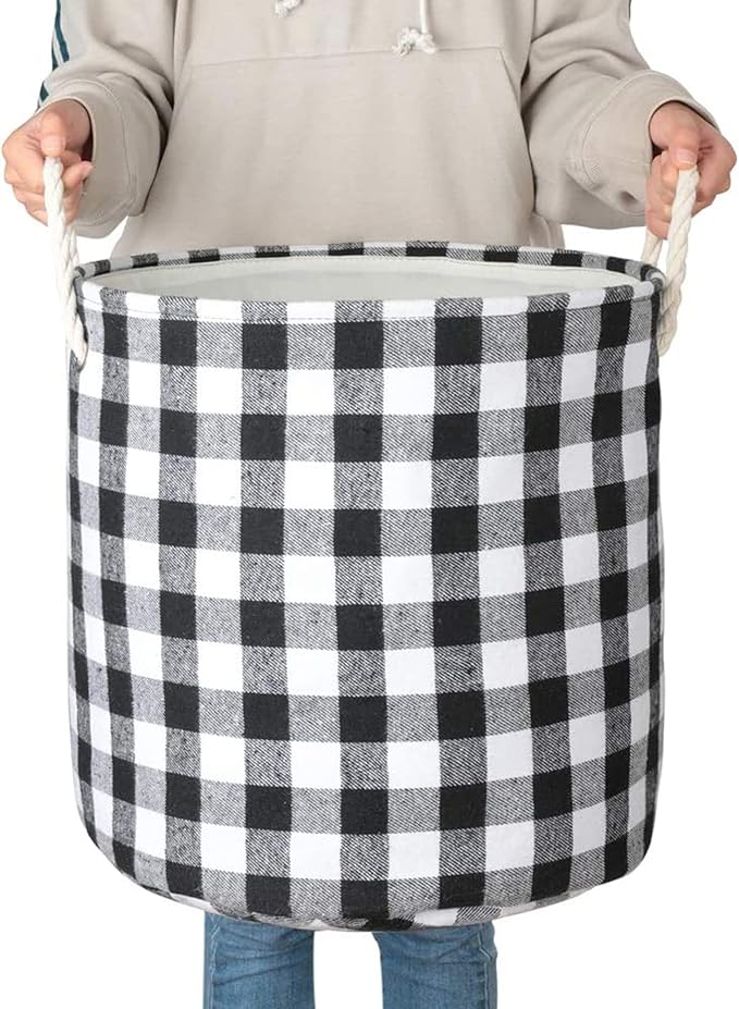 Round Laundry Basket Foldable Storage Baskets Home Organization Containers Buffalo Checked with Rope Handles, White Black Grid, L