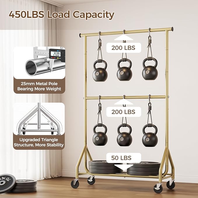 HYSEYY Heavy Duty Clothes Rack, Double Rod Clothing Rack for Hanging Clothes, Rolling Garment Rack, Adjustable Freestanding Wardrobe Closet Coat Rack for Bedroom Laundry Living Room, Gold