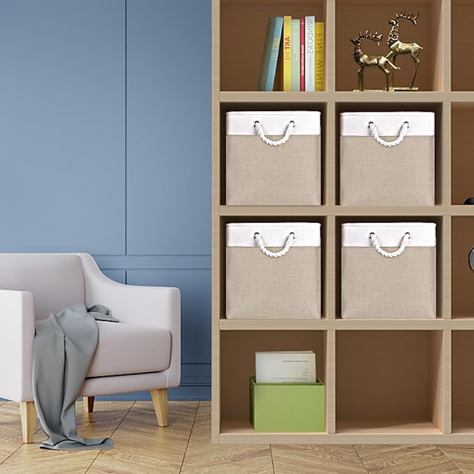 Univivi Fabric Storage Cubes with Rope Handles, White Beige, 4 Pack | 12x12 Inch Hard Bottom Cube Storage Bins, Foldable Cube Storage Organizer for Home Closet Shelf