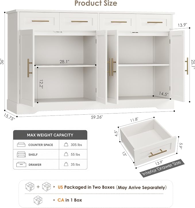 HOSTACK 60" W Sideboard Buffet Cabinet with Storage, Kitchen Cabinet, White | 36" Tall Kitchen Buffet Storage Cabinet with 4 Drawers, Large Coffee Bar Cabinet, Modern Buffet Table for Dining Living Room