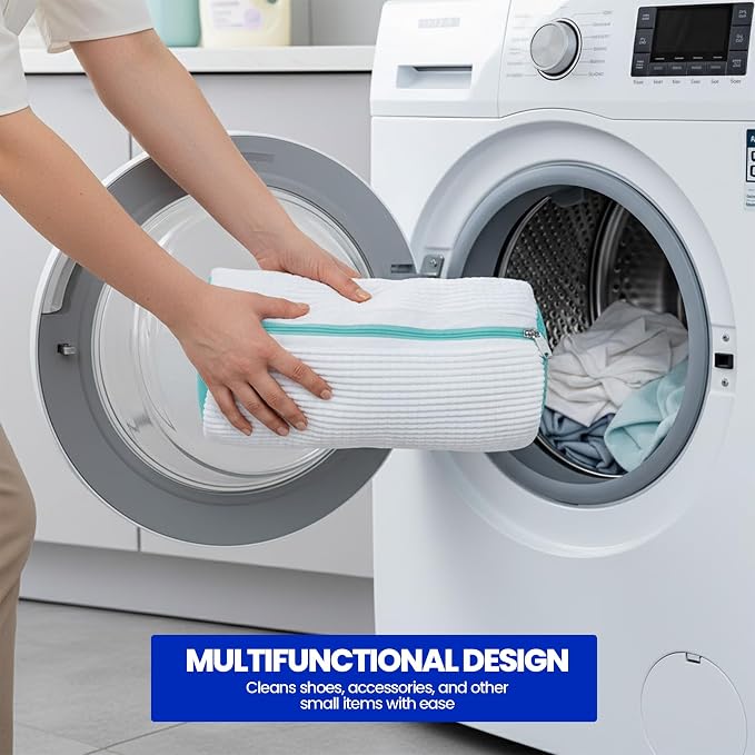 Shoe Washing Machine Bag for Sneakers - 360° Microfiber Laundry Shoe Bag for Washer & Dryer - Zipper Protection with 1x Brush & Pair of Trees - Universal Size Reusable Shoe Bag - Pack of 2