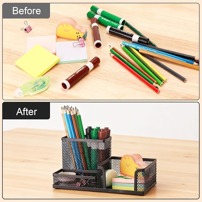 Comix Mesh Pen Pencil Holder Desk Organizer, 3 Compartment Wire Desktop Pen Pencil Cup Caddy Office Supplies Sticky Notes Holder for Home Office School, Black