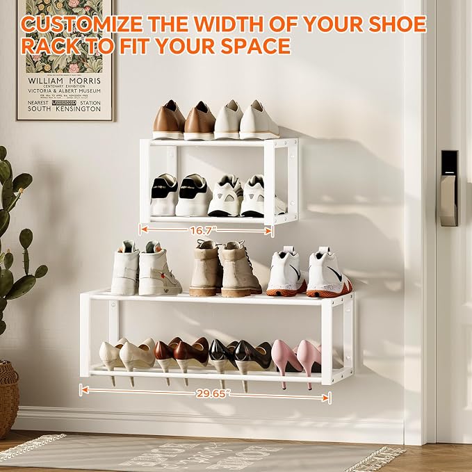 Homeiju Hanging Shoe Organizer,2 Pack Wall Mounted Shoe Rack Holds 12 Pairs,Space Saving Metal Wall Shoe Rack,Hanging Shoe Rack Shoe Holder for Small Space,Entryway,Closet,RV,Camper (White