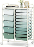 COSTWAY 15 Drawer Rolling Storage Cart, Mobile Storage Organizer | Removable Drawers & Metal Frame, Multipurpose Utility Tools Paper Organizer on Wheels for Home, Office (Green Gradient)