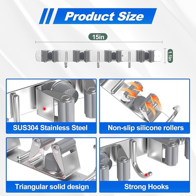 Broom Holder Wall Mount Mop Organizer, 4 Racks 3 Hooks, 2 Pack | Premium Stainless Steel Broom Hanger for Durable Rustproof Tool Rack Storage in Home, Kitchen, Garden, Laundry, Garage