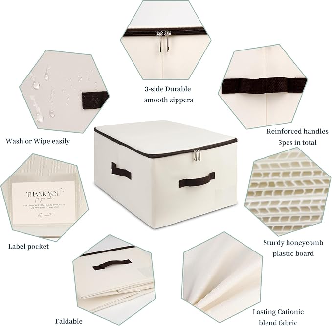 3 Pack, Rigid Office Documents Files Lidded Storage Bins with Carry Handles | Collapsible design, 3-side zipper open, sturdy boards inside, durable, long lifespan, washable, versatile use in office, home