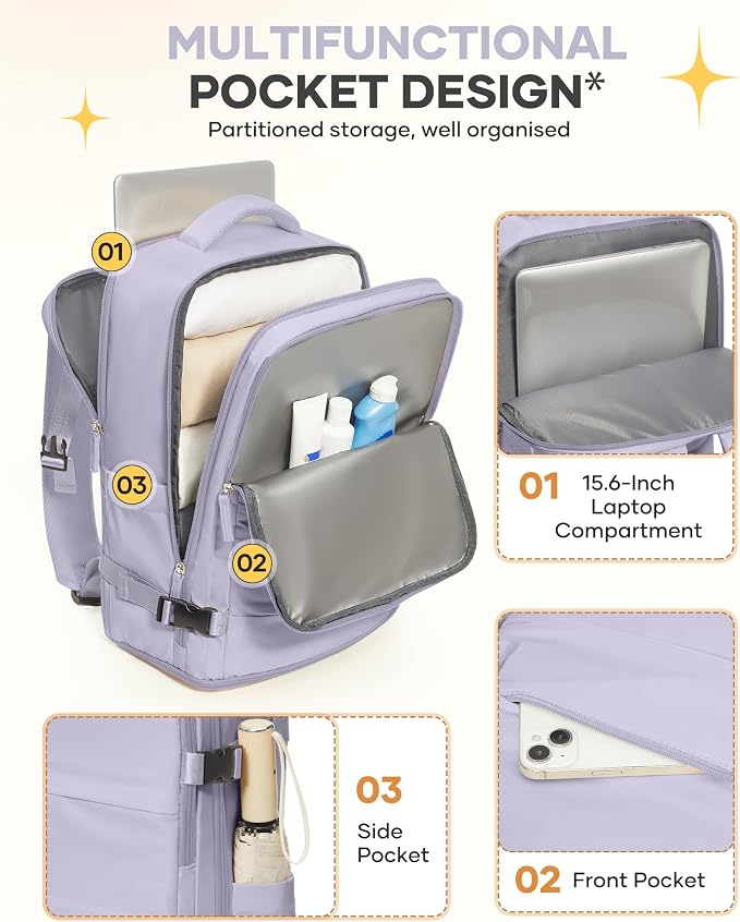 coofay Large Carry On Backpack Flight Approved Personal Item Travel Backpack For Women Airline Approved Waterproof Sports Luggage Backpack Casual Daypack Small Hiking Backpack Purple Backpack