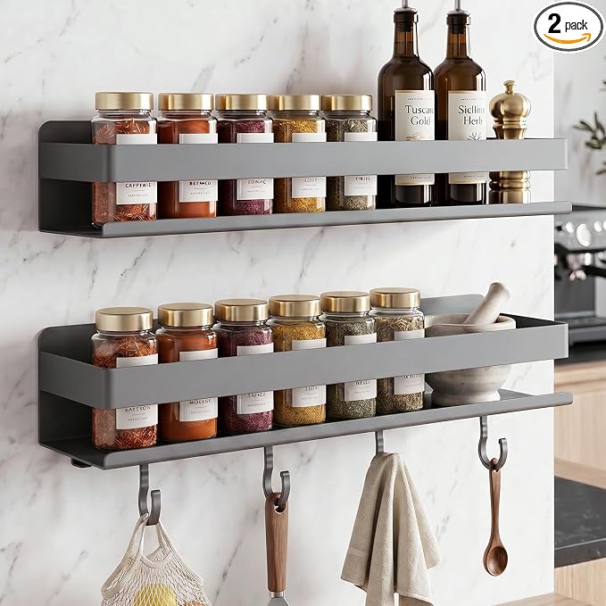 2-Pack Wall Mount Spice Rack,Easy to Install on the anywhere,Carbon Steel Kitchen Organizer with Hooks for Oil Salt Seasonings&Bathroom Toiletries,Grey