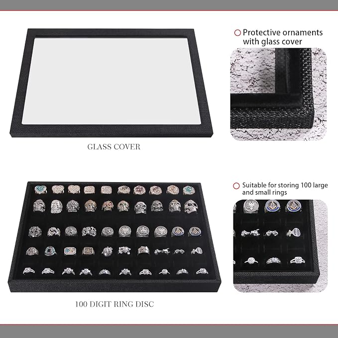 Julysky 4 Pcs/set Stackable Jewelry Organizer Trays with Glass Lid,100 Slots Ring Holder,Bracelet Displays Stand for Selling Necklace Earring Rack