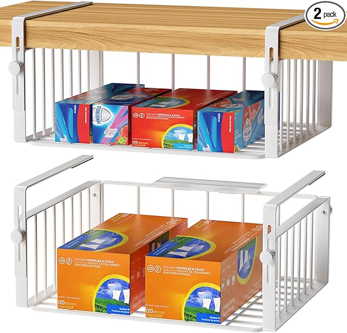 AmonHouseware 2Pack Under Shelf Storage Basket Organizer, White | Adjustable Hanging,Under Cabinet Add-on, Slide-in Baskets, for Laundry Room Kitchen Pantry Desk Bookshelf Counter Cupboard