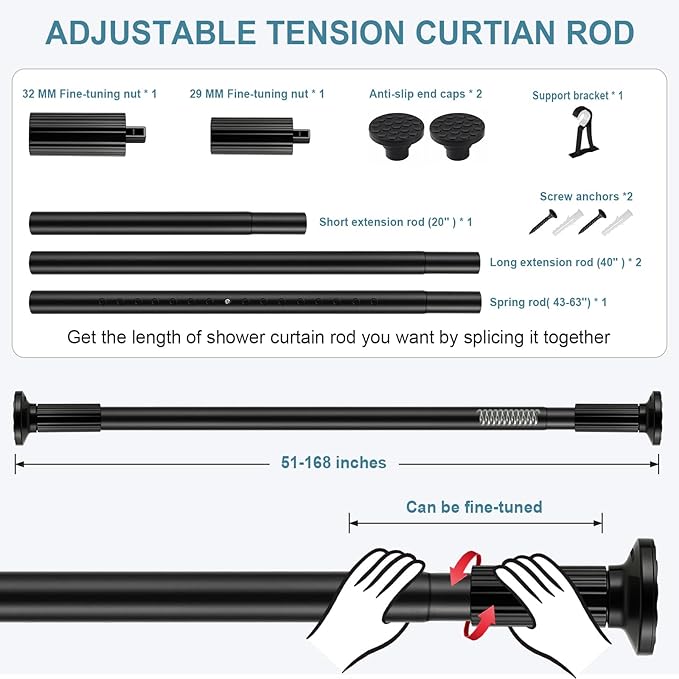 ZOCONE Tension Curtain Rod 51-168 In(4.25-14 Ft), Outdoor Curtain Rod No Drilling for Patio Window, Adjustable Shower Curtain Rod for Bathroom, Extra Long Tension Rod Diameter 1.26In Never Rust, Black