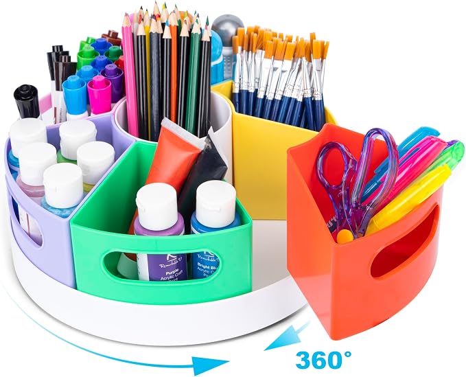 CraftGenes Art Supply Organizer, Extra Large 360 Degree Rotating Pencil Caddy with 7 Removable Compartments, Rainbow Marker Organizer and Craft Caddy for Kids, Teachers, Classroom, School