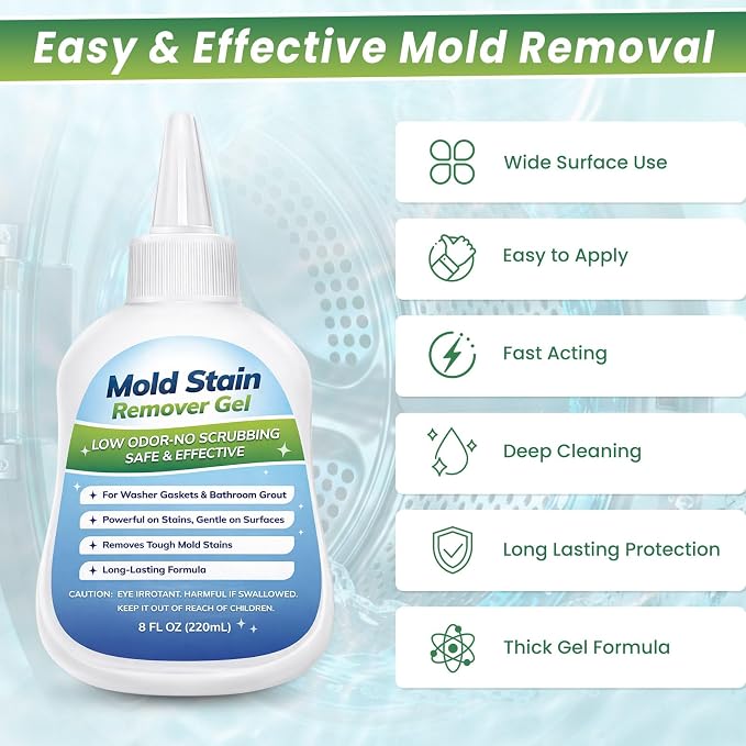 Mold-Stain Remover Gel for Washing Machine Seal & Bathroom – Low Odor Gel for Front Load Washer Gasket, Shower Grout, Caulk, Silicone Sealant, Tile & Kitchen Sink