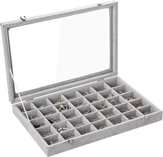 Frebeauty Velvet Jewelry Tray,35 Grid Jewelry Organizer with Clear Lid,Earring Holder Organizer Case with Clasp,Drawer Insert for Rings Studs,13.8 x 9.5 x 2 Inches,Gift for Women Girls(Grey) | Drawer Jewelry Organizer for Rings Studs Beads,Adjustable D...