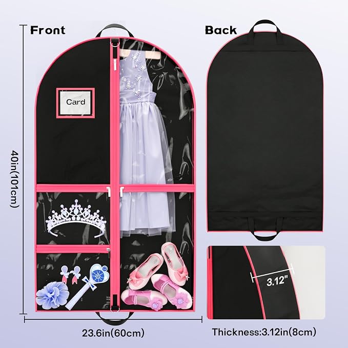 Dance Garment Bags for Dancers, 40" Garment Bags for Hanging Clothes with 3 Clear Zipper Pockets, Cheer Uniform Garment Bag for Suits, Travel & Sports Jersey (Black Pink, 1 Pack (40 inches))