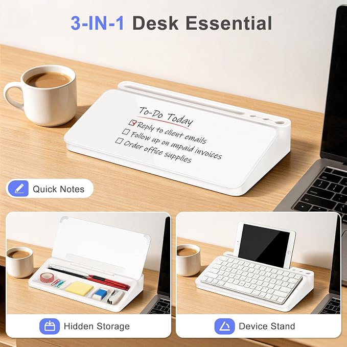 Small Desktop Glass Whiteboard with Storage, Desk Dry Erase White Board | Computer Keyboard Stand, Office Desk Organizers and Accessories with Drawer, To Do Memo Notepad, Home School Supplies