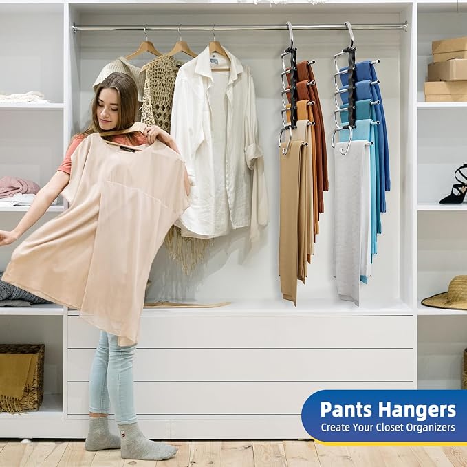 DAMITA Pants Hangers Space Saving - 2 Pack 5 in 1 Layers Stainless Steel Metal Jeans Hangers - Black Closet Organizers and Storage Anti-Slip Design for Pants Skirts Scarf Legging