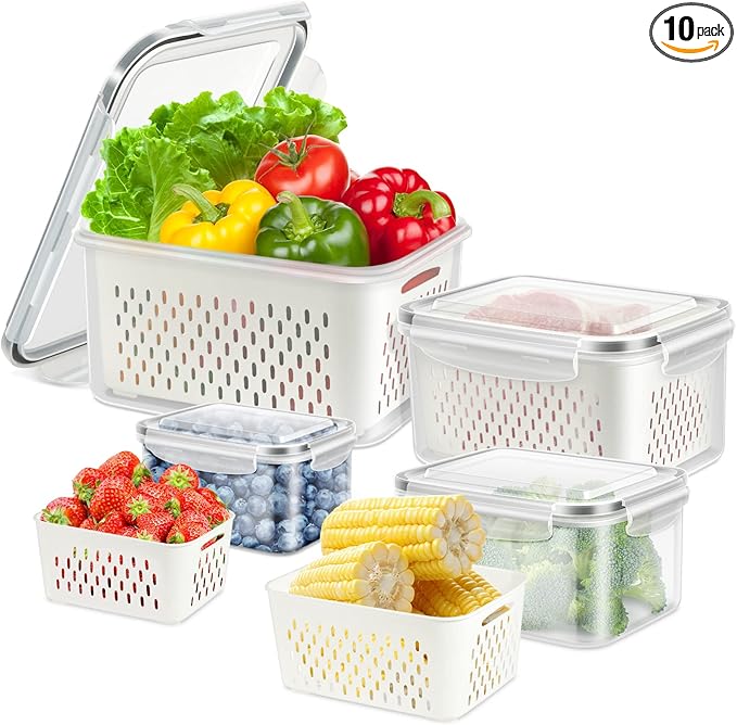 8 Pieces Fruit Storage Container for Fridge, 4Pack Plastic Fruit Containers for Fridge with Removable Colander, Container for Fruit Berry Salad Lettuce, BPA Free Kitchen Refrigerator Organizers