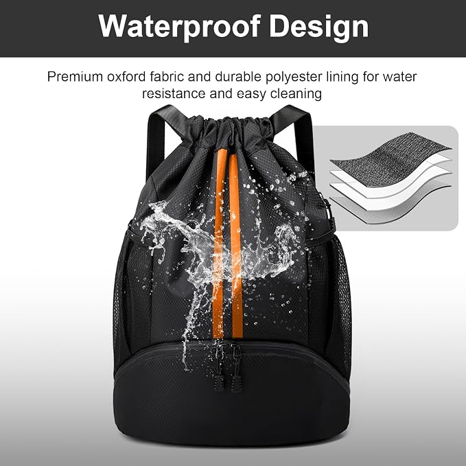 Hoedia Sports Drawstring Backpack - Swim Gym Bag for Women and Men | String Bag with Shoes Compartment and Wet Proof Pocket, Adjustable Wider Shoulder Strap, For Soccer, Basketabll, Volleyball