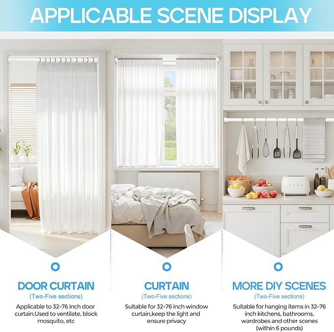 2 Pack Spring Tension Curtain Rod 32-76 inch, Adjustable Expandable Tension Curtain Rod No Drilling, Tension rods for Window Doorway Kitchen Curtain, White