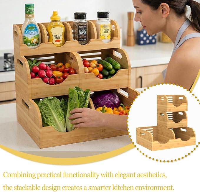Upgraded 3 Tier Bamboo Pantry Storage Bins,Large potato storage | With 2 Banana Hangers,Stackable Potato and Onion Storage Bin with Airflow Vent,Vegetable Storage,for Kitchen Countertop