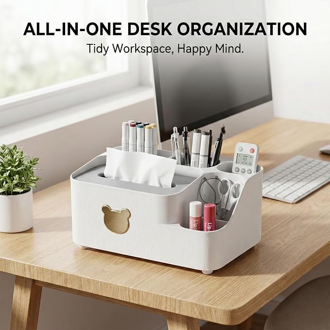COVRA 9.5 x 6.6 x 4.7 inches Desk Organizer with Tissue Box Holder - Multifunctional Desktop Storage Caddy with Pen Holder, Cute Bear Design - Plastic (Light Blue)