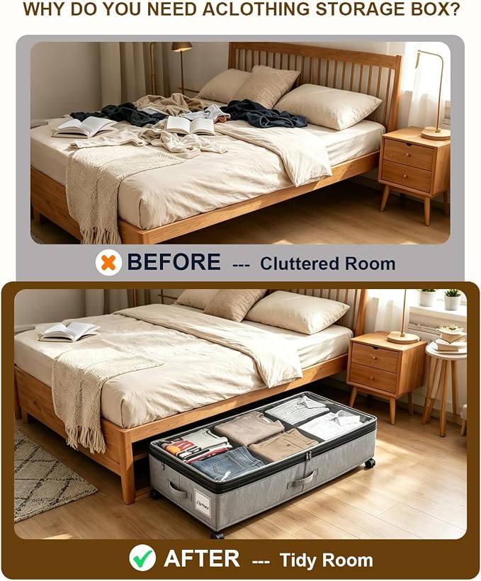 Under Bed Storage w/Wheels,70L Under Bed Containers,2 Pack-Grey | 11.5 Inch Under Bed Storage Containers,70L Large Adjustable Underbed w/ Lids,Rolling Underbed Storage Bins for Shoes,Clothes