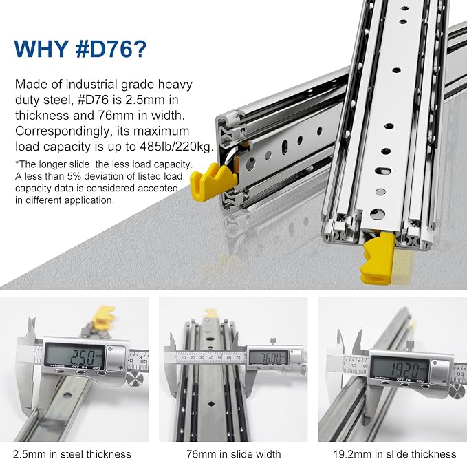 VADANIA 36" Industrial Grade Heavy Duty Drawer Slide with Lock #D76 | 3" Width, Up to 379lb Load Capacity, 3-Fold Full Extension, Non-Detachable Lock-in & Lock-Out, Side Mount, 1-Pair